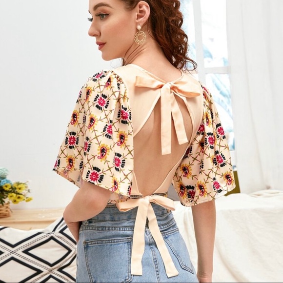 Topshop Tops - Topshop Cropped Embroidered Tie Back Bell Speed Blouse, Size 4